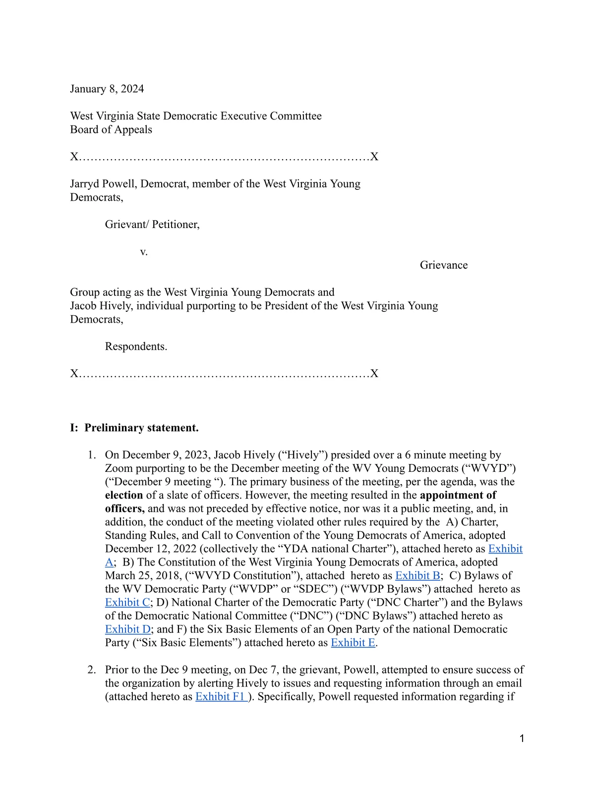 Preview of Formal Grievance Filed with West Virginia Democratic Party Board of Appeals (January 8, 2024)